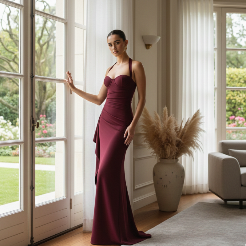 Elegantes bordeauxfarbenes Abendkleid in stilvollem Interieur getragen