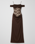 Flat lay of strapless lace panel maxi dress showing long length and fitted shape