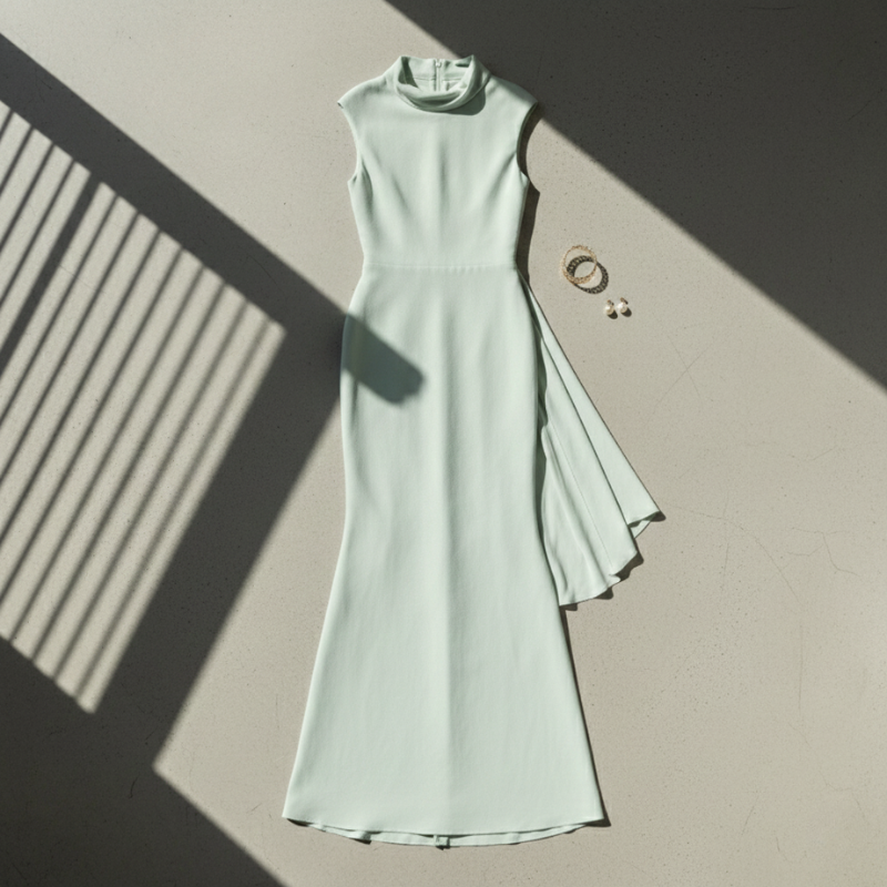 Hellgrünes Damen-Maxikleid mit klarer Linienführung flach präsentiert auf hellem Untergrund.