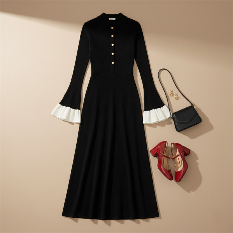 Schwarzes Maxikleid mit goldenen Knöpfen und weißen Manschetten sorgfältig auf einem Kleiderbügel vor hellem Hintergrund präsentiert.