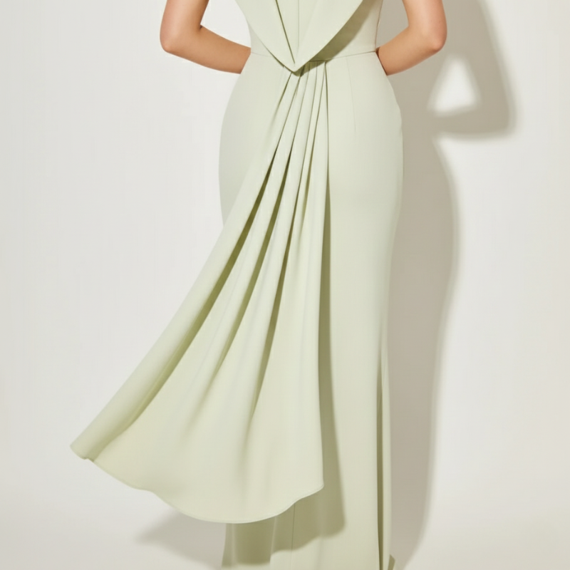 Nahaufnahme des hellgrünen Stoffes mit weichem Fall und glatter Textur im unteren Rockbereich.