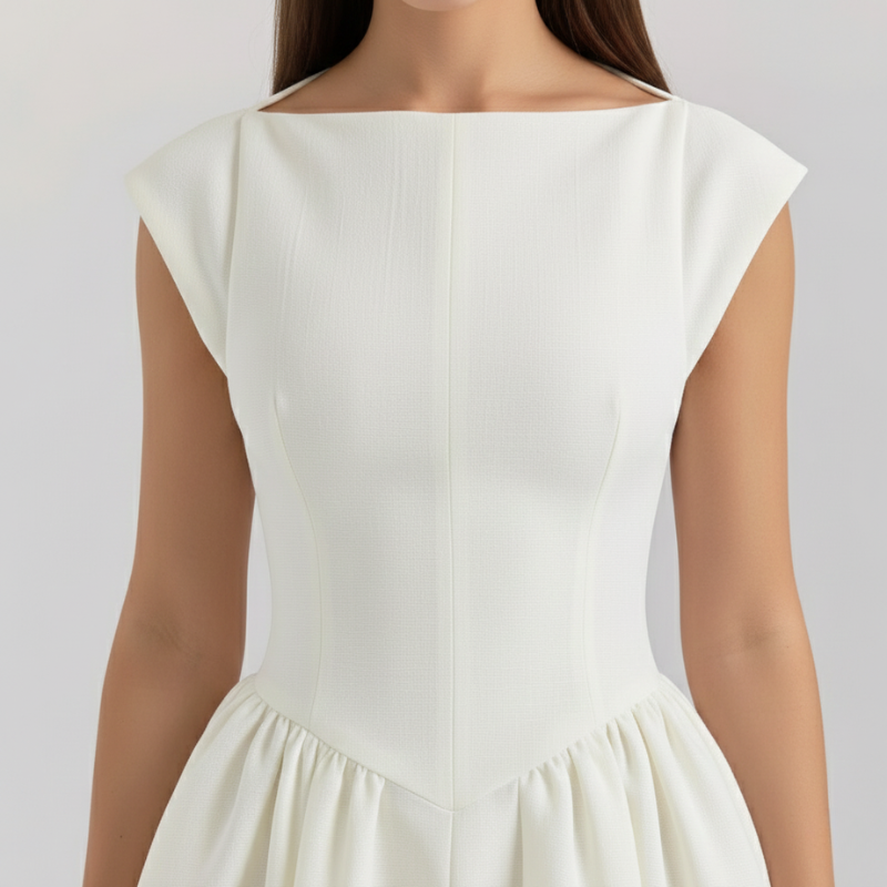 Rückansicht eines weißen Midikleids mit klarer Linienführung und figurbetonter Passform im Studio.