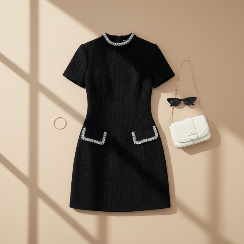 Schwarzes Minikleid mit strukturiertem Stoff und Kontrastdetails, sorgfältig auf einem Kleiderbügel vor hellem Hintergrund präsentiert.