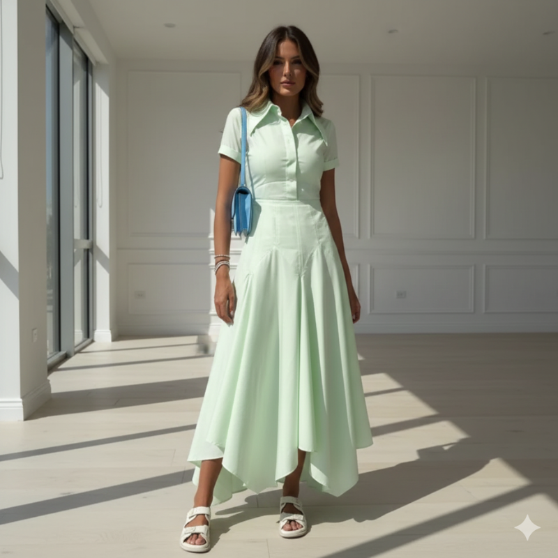 Model trägt ein mintgrünes Maxikleid mit elegantem Faltenwurf und Kragen in einem modernen Indoor-Setting.
