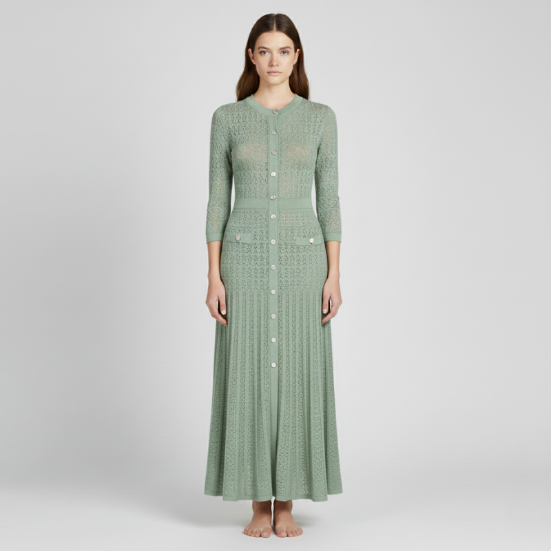 Model präsentiert ein elegantes mintgrünes Strickkleid mit Musterdetails in einer minimalistischen Studioaufnahme.