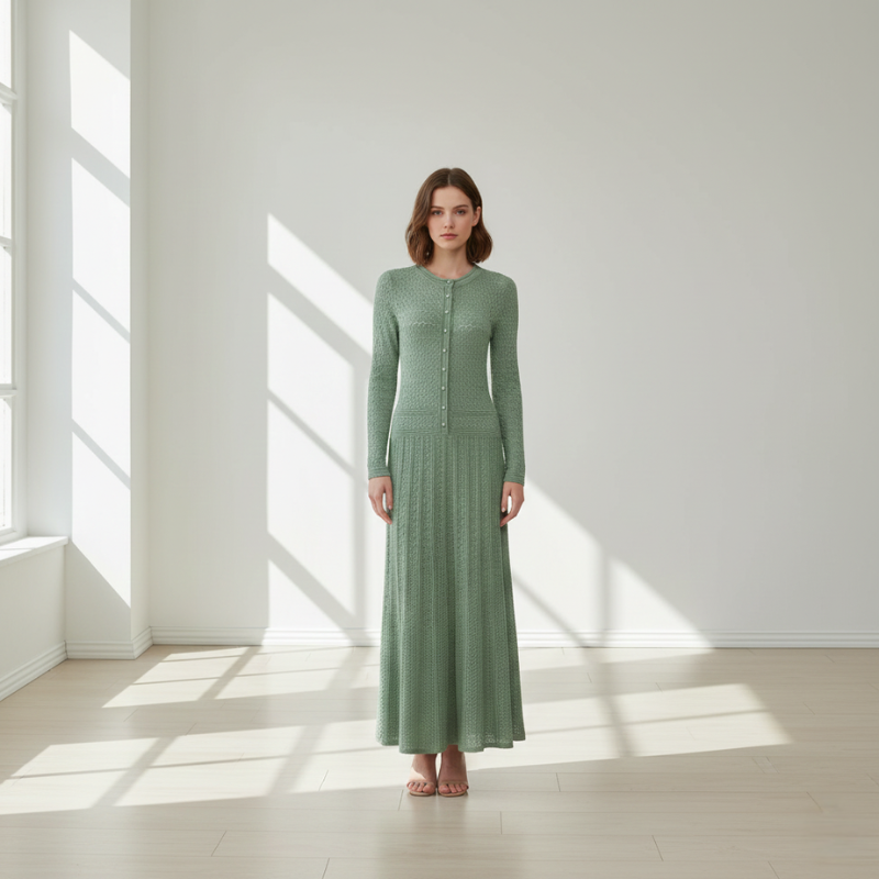 Langes mintgrünes Strickkleid mit strukturiertem Muster und figurbetonter Form im warm beleuchteten Studio.