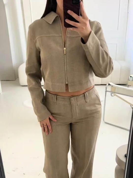 Modisches Damen Set mit Verkürzter Jacke und Geraden Hosen – Bequem, Vielseitig, Pflegeleicht, Größen S-XXL, Schwarz, Beige, Pastell 1