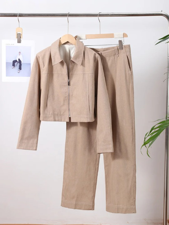 Modisches Damen Set mit Verkürzter Jacke und Geraden Hosen – Bequem, Vielseitig, Pflegeleicht, Größen S-XXL, Schwarz, Beige, Pastell 6