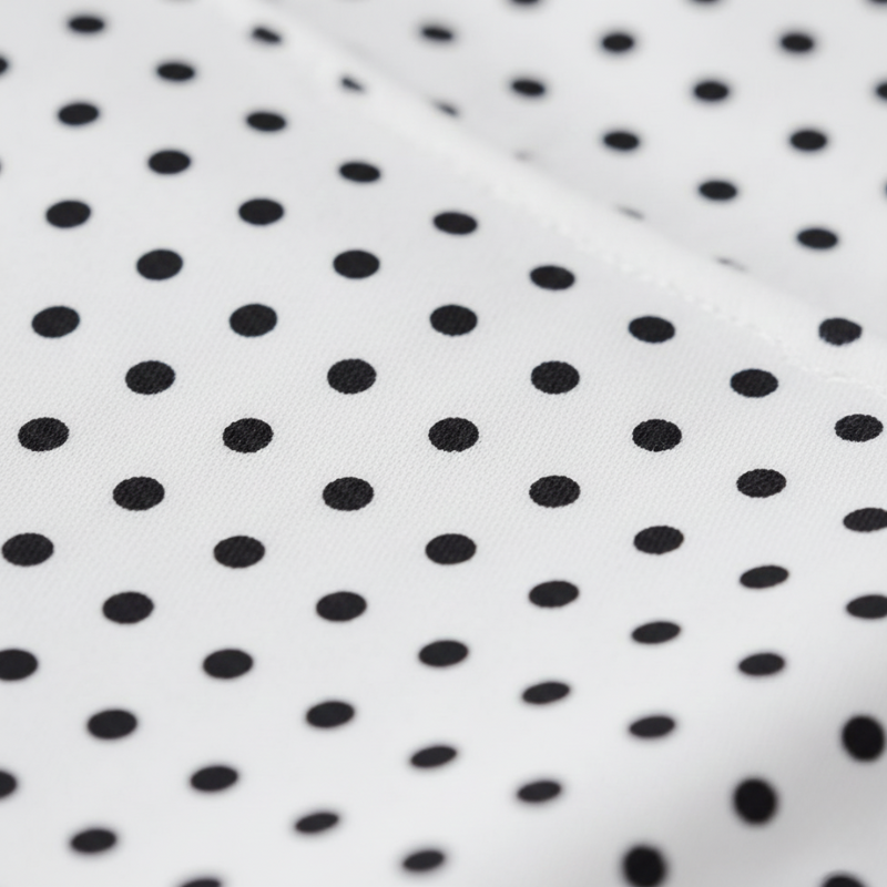 Nahaufnahme eines Stoffes mit Polka-Dot-Muster, der eine glatte Textur und ein klassisches Punktmuster aufweist.