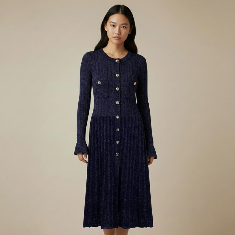 Model präsentiert ein elegantes navyblaues langes Strickkleid mit Knopfleiste im warm beleuchteten Studio.