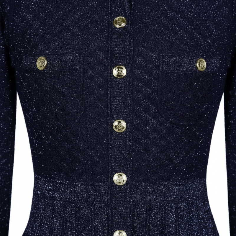 Nahaufnahme des navyblauen Strickkleids mit sichtbarer Rippenstruktur und dekorativen goldenen Knöpfen.