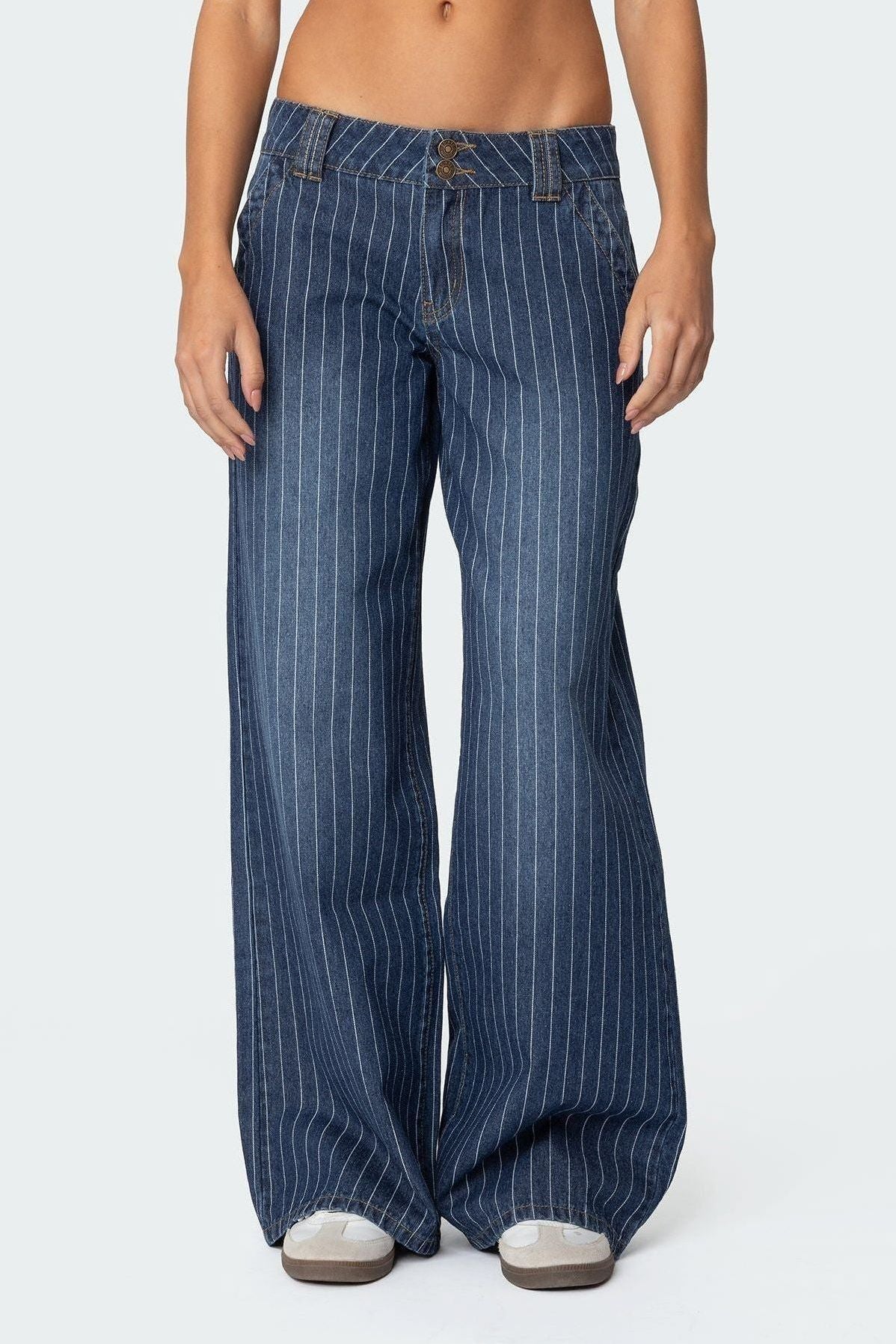 Niedrige Jeans Damen mit Nadelstreifen – Vintage-inspirierter Deep Blue Denim im Weiten Bein Stil 0