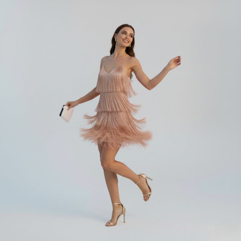 Nude feather mini dress featuring delicate feather detailing and elegant fit