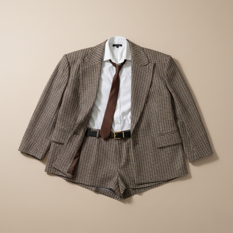 Flatlay eines braun karierten Oversize-Blazers kombiniert mit weißem Hemd und brauner Krawatte auf neutralem Hintergrund.