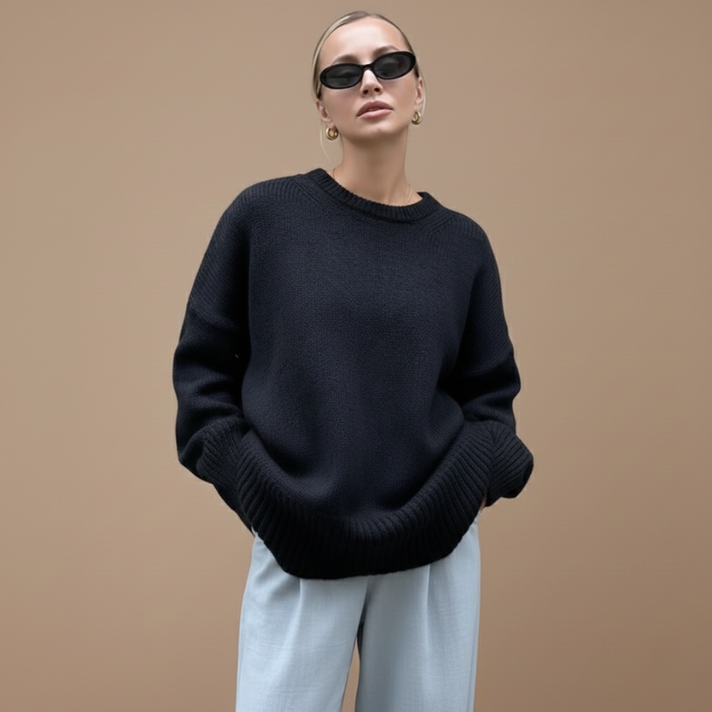 Model trägt einen schwarzen Oversize-Pullover mit weiter Passform und weichem Strickmaterial in einem hellen Innenraum.