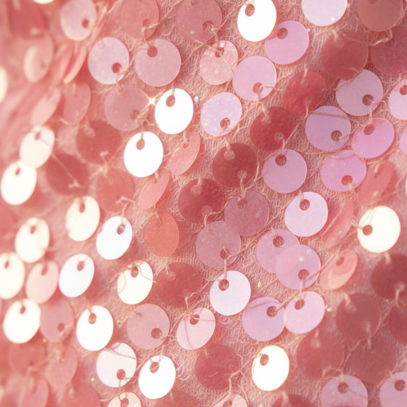 Nahaufnahme des rosafarbenen Paillettenstoffs mit dichter, glänzender Oberfläche und feiner Verarbeitung.