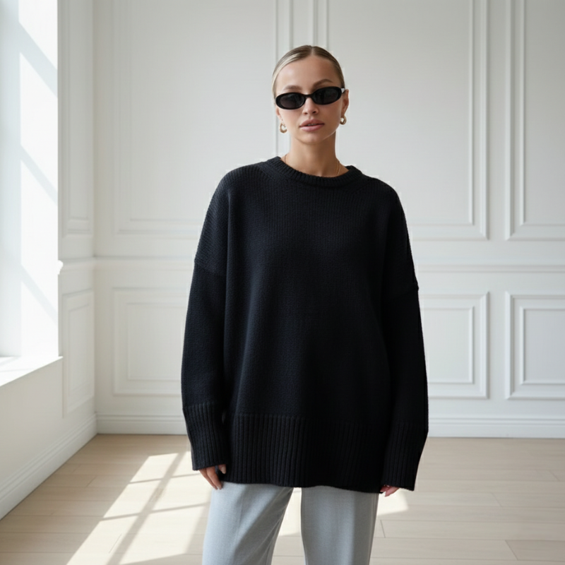 Schwarzer Oversize-Pullover mit weichem Strickmaterial flach ausgelegt auf hellem Untergrund präsentiert.