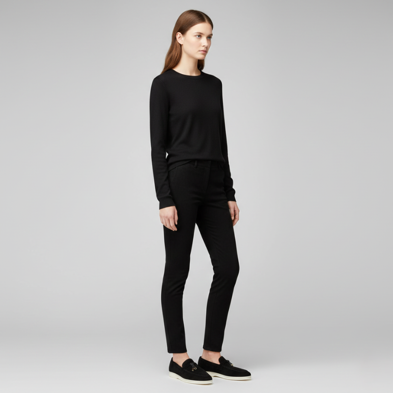 Modell trägt schwarze Loafer zu komplett schwarzem Look, fotografiert in klarer Studioatmosphäre.