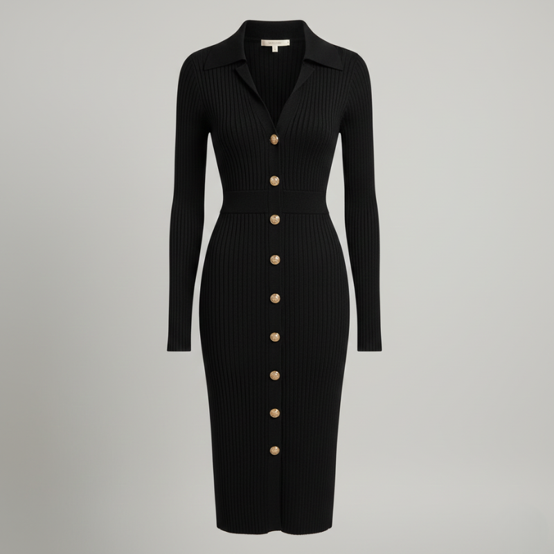 Schwarzes geripptes Maxi-Kleid mit Knopfleiste flach präsentiert auf neutralem Hintergrund