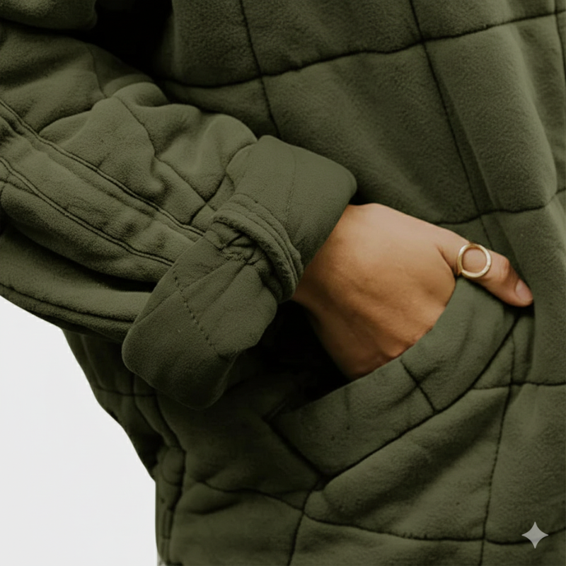 Nahaufnahme der olivgrünen Steppjacke mit sichtbarer Steppstruktur, elastischem Ärmelabschluss und hochwertigem Material.