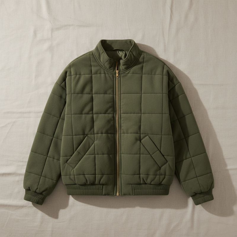 Olivgrüne Steppjacke mit Reißverschluss und Steppstruktur flach ausgelegt auf hellem Untergrund dargestellt.