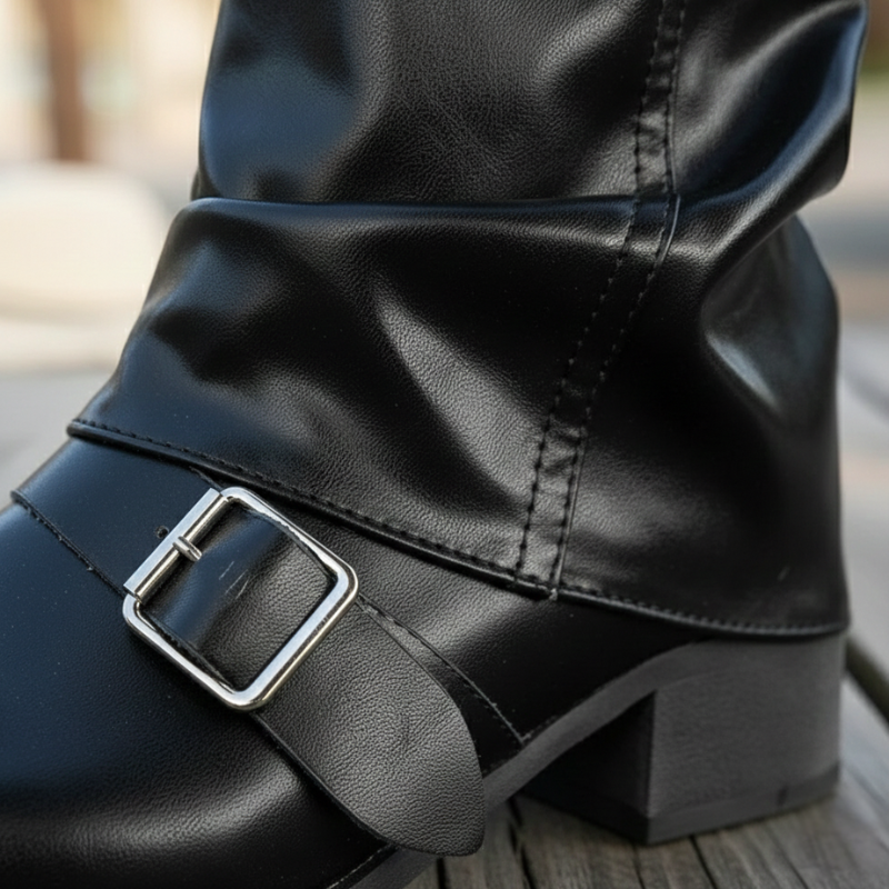 Nahaufnahme eines schwarzen Stiefels mit Metallschnalle, glattem Lederlook und feiner Oberflächenstruktur.