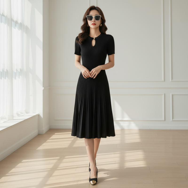 Model trägt ein schwarzes Plissékleid mit eleganter Taille und weitem Rock in einer modernen Indoor-Szene.