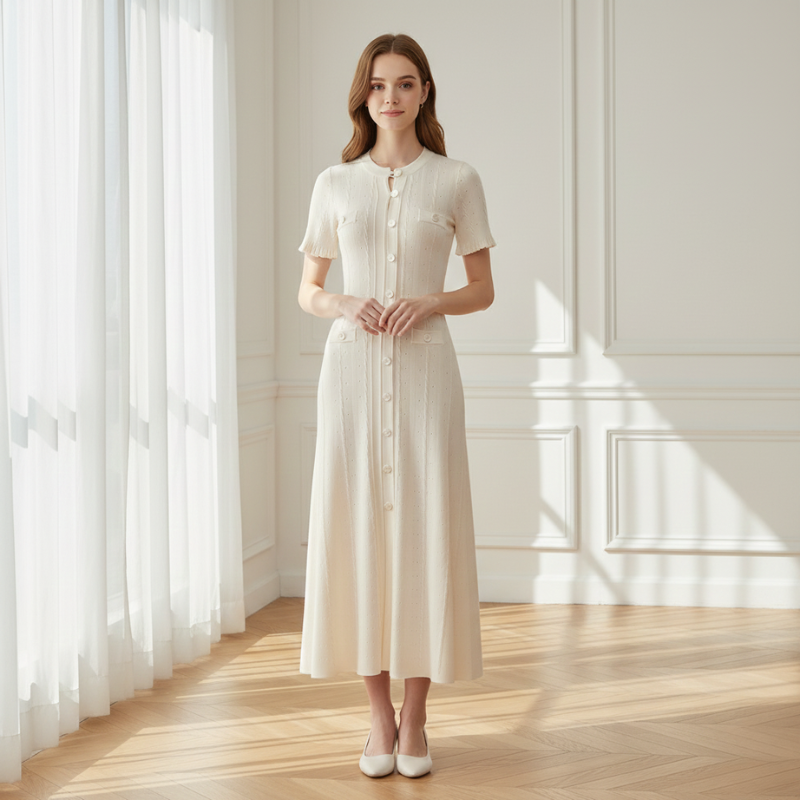 Cremefarbenes Strick Midikleid mit Knopfleiste in hellem Raum