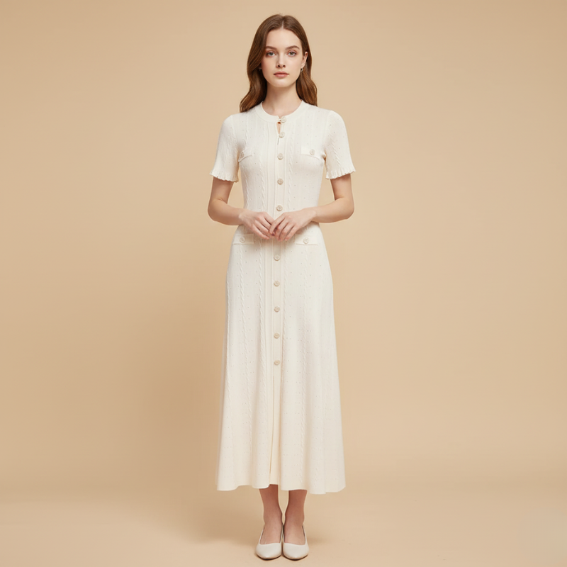 Weißes Strick Midikleid mit Knopfleiste im Studio getragen