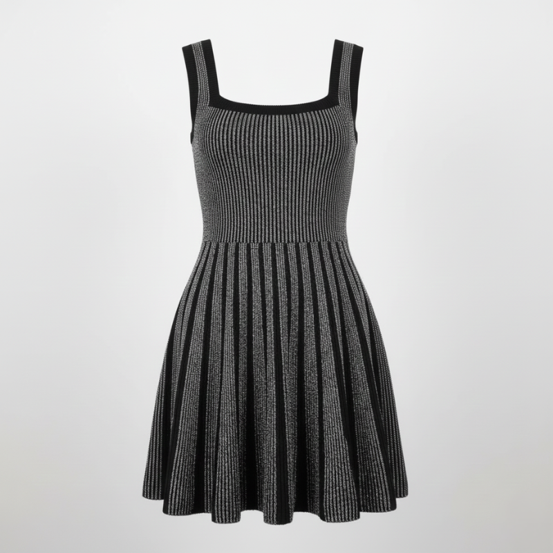 Schwarzes gestricktes Minikleid mit ausgestelltem Rock und gerippter Textur auf einem Kleiderbügel vor hellem Hintergrund.