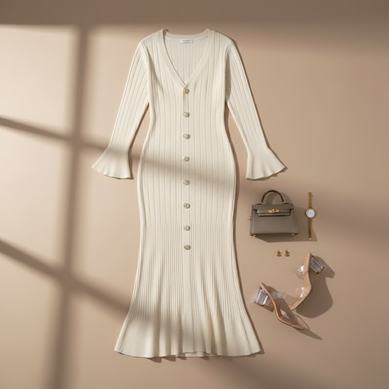 Beiges Strickkleid mit goldenen Knöpfen und V-Ausschnitt flach ausgelegt, kombiniert mit Accessoires auf hellem Untergrund.