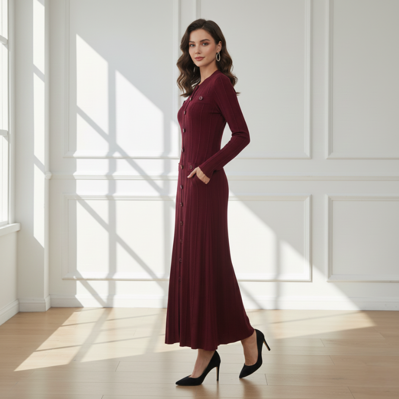 Langes bordeauxfarbenes Strickkleid mit ausgestelltem Saum und strukturierter Oberfläche von hinten gezeigt.