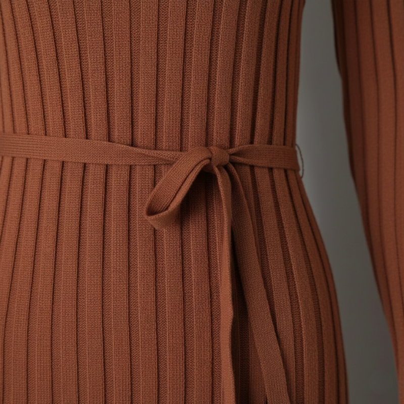Nahaufnahme eines braunen Strickkleids mit vertikaler Rippenstruktur und texturiertem Bindegürtel.