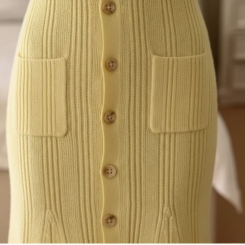 Nahaufnahme des gelben Strickkleids mit sichtbarer Rippenstruktur und dekorativen Knöpfen für einen hochwertigen Look.