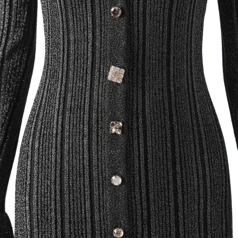 Nahaufnahme des schwarzen Strickkleids mit sichtbarer Rippenstruktur und metallischen Knöpfen im Fokus.