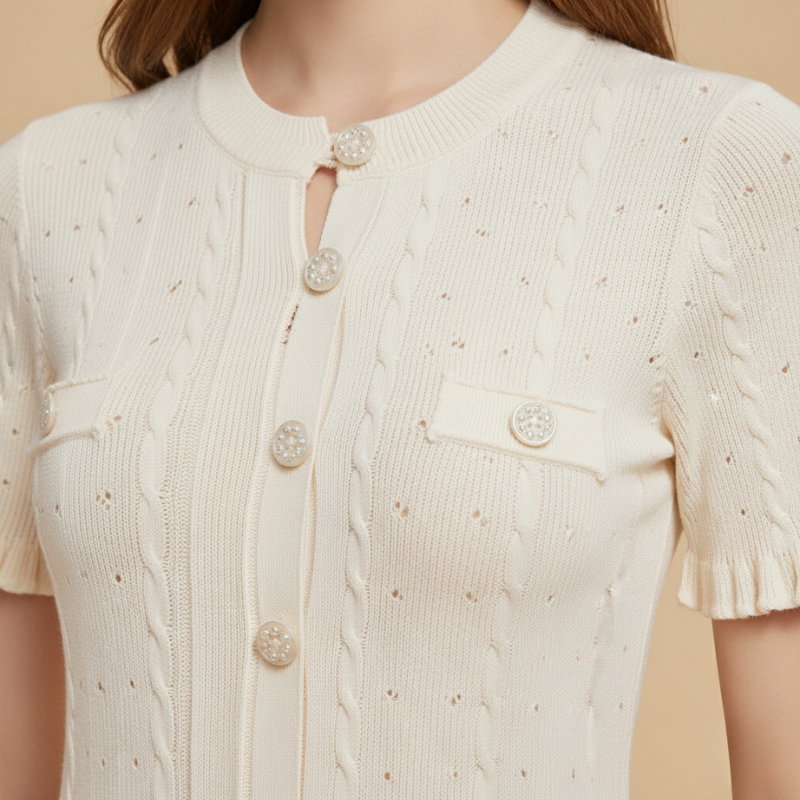 Nahaufnahme von Strickstoff und dekorativen Knöpfen am Midikleid