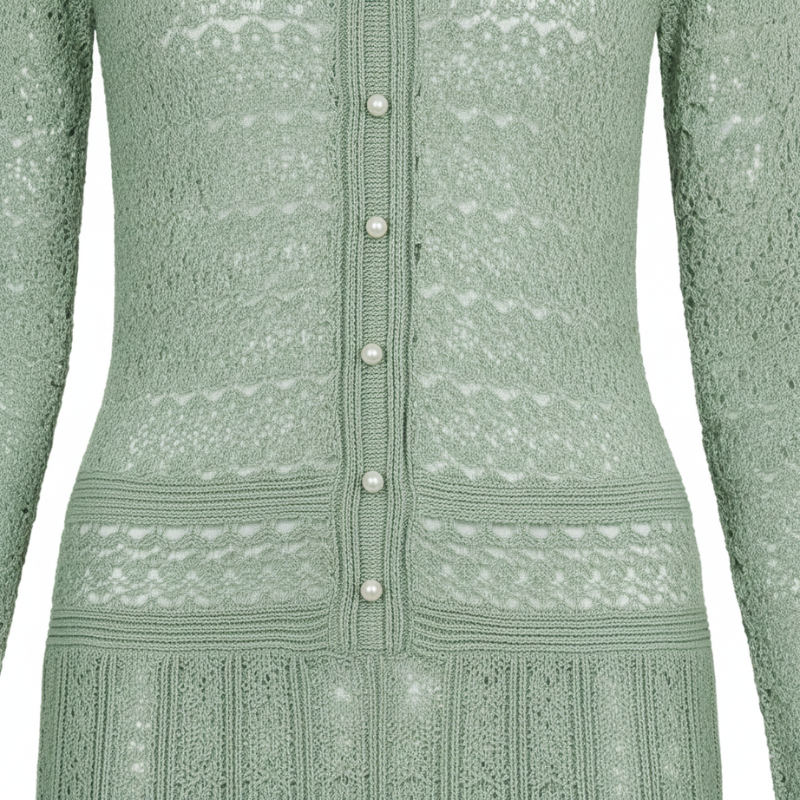 Nahaufnahme des mintgrünen Strickkleids mit feinem Lochmuster, sichtbarer Struktur und hochwertiger Verarbeitung.
