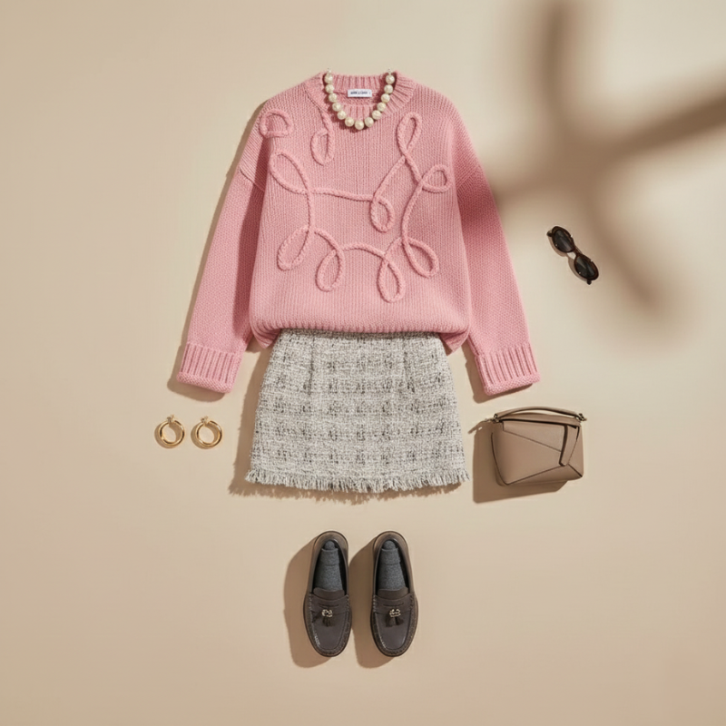 Nahaufnahme des rosa Strickpullovers mit markanter Strickstruktur und dekorativen, voluminösen Musterelementen.