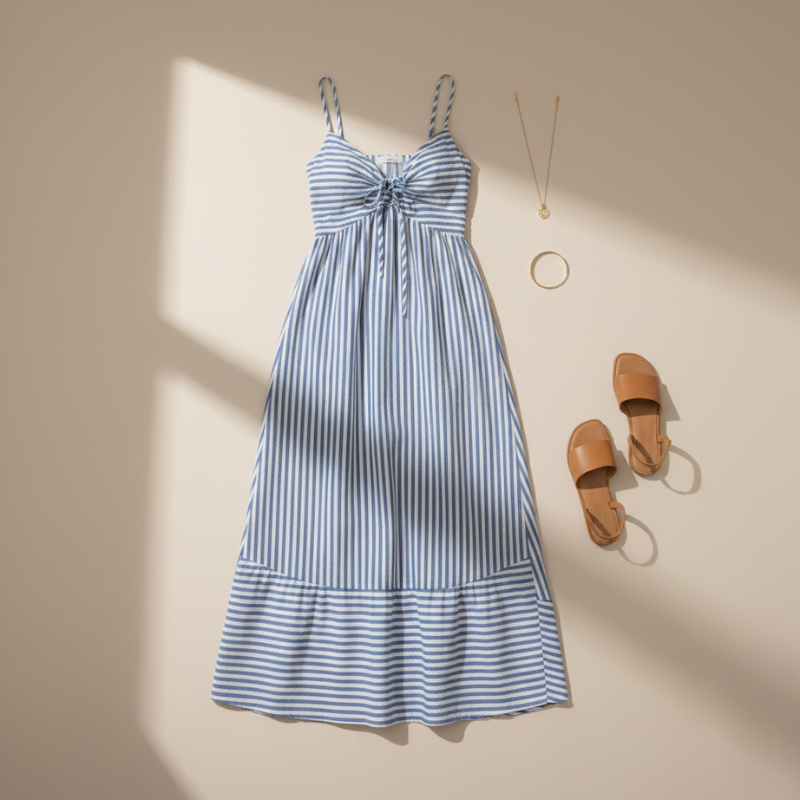Blue striped sundress hanging on a wall with accessories placed beside it on a neutral background.