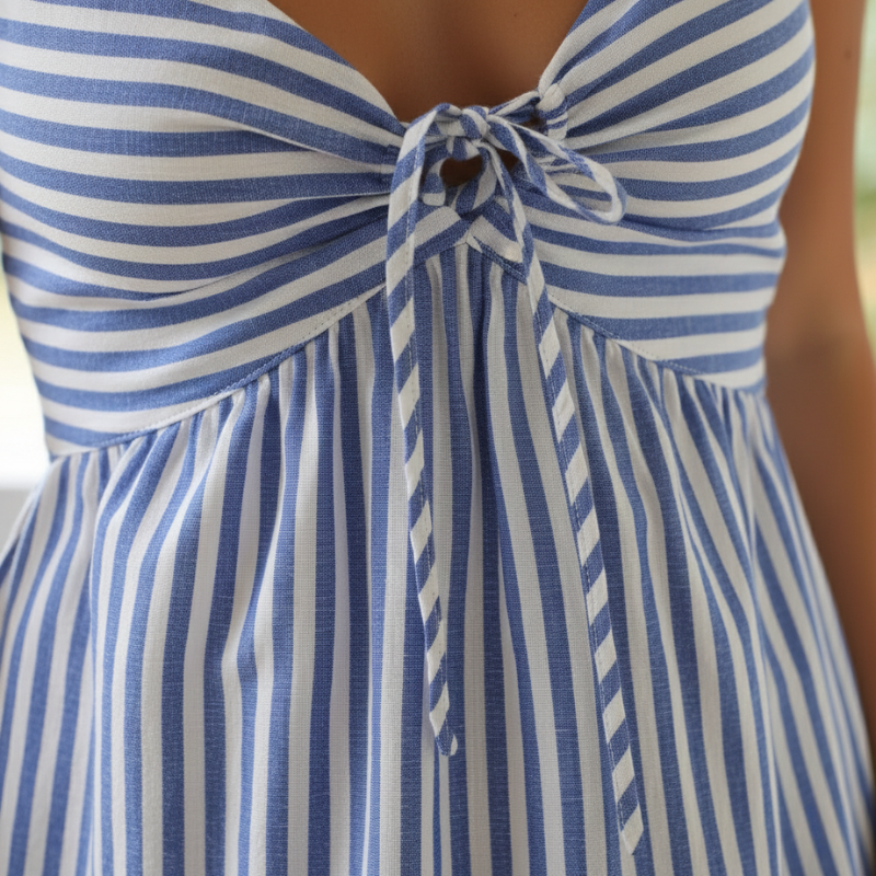 Close-up of a striped sundress showing knot-front neckline, gathered bust design, and soft textured fabric.
