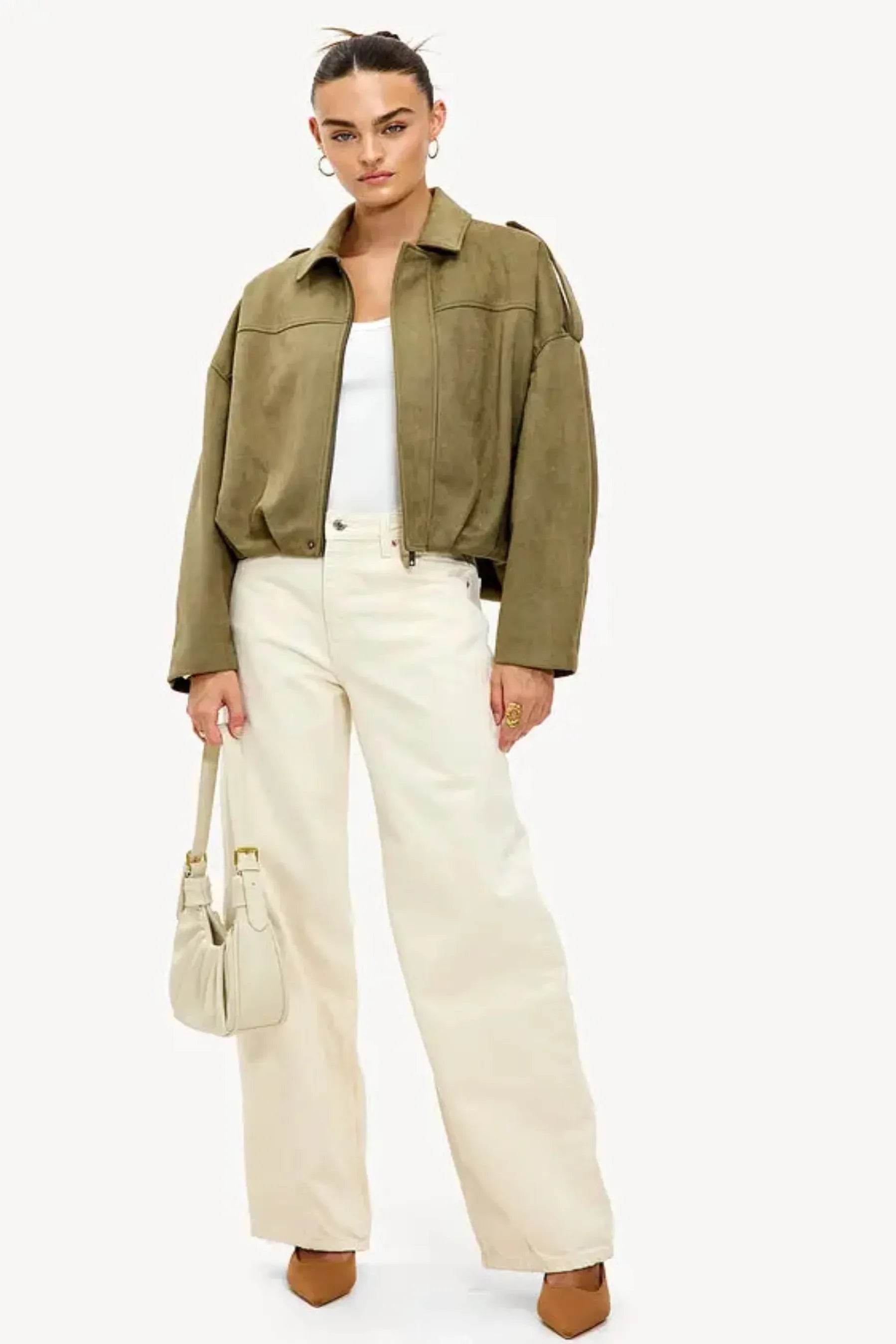 Übergroße Damenjacke aus Wildleder in Olivgrün – Stilvolle Bomberjacke mit Reißverschluss und gerippten Manschetten 5