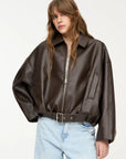 Übergroße Damenjacke aus echtem Leder in Schokoladenbraun – Klassische Bomberjacke für jede Gelegenheit 0