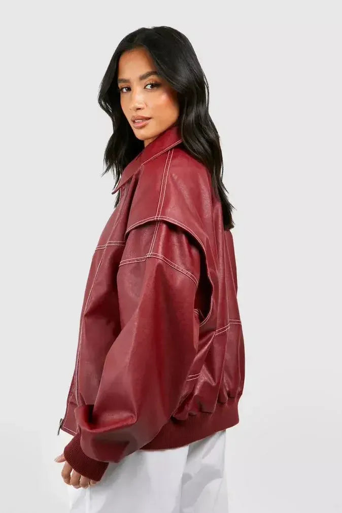 Übergroße Lederjacke Damen in Burgunder mit Kontrastnähten – Premium Street-Luxe Stil aus hochwertigem Leder 2