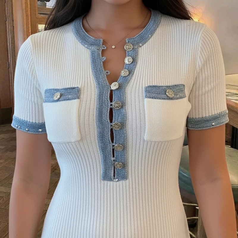 Nahaufnahme des weißen Kleids mit blauem Kragen, dekorativen Metallknöpfen und feiner Textur im oberen Bereich.