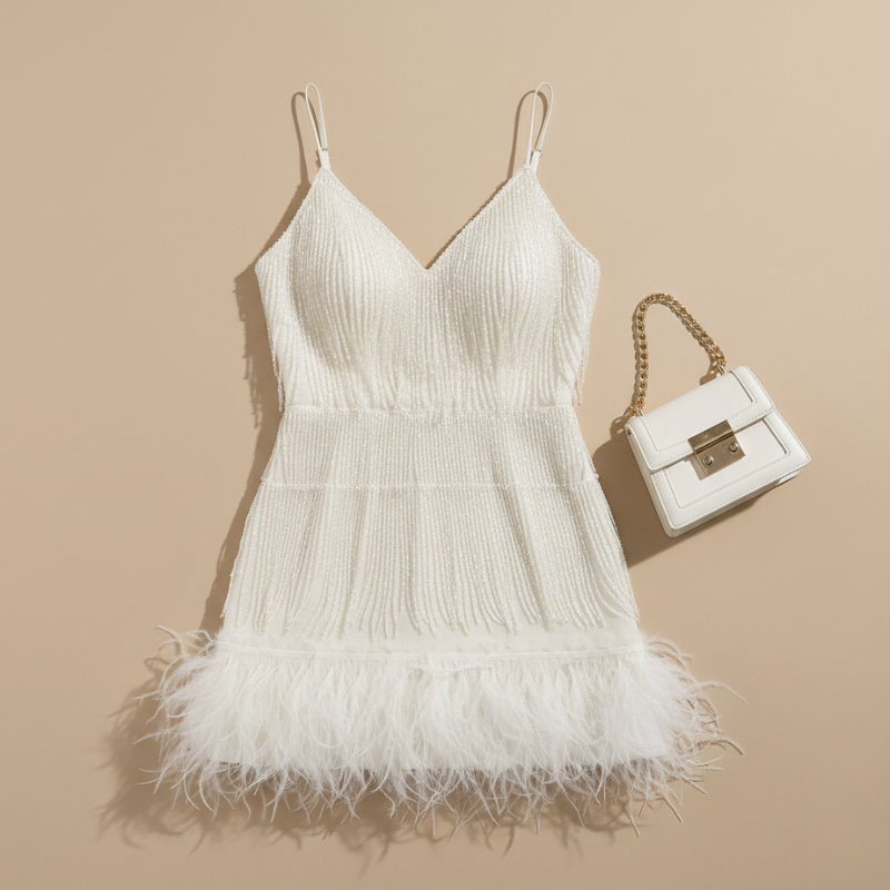Flach liegendes weißes Minikleid mit Spaghettiträgern und Federrock