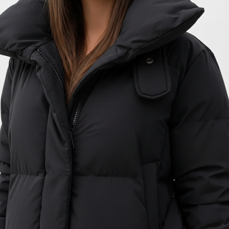 Nahaufnahme des schwarzen Mantels mit voluminöser Kapuze, glatter Steppstruktur und hochwertiger Verarbeitung.