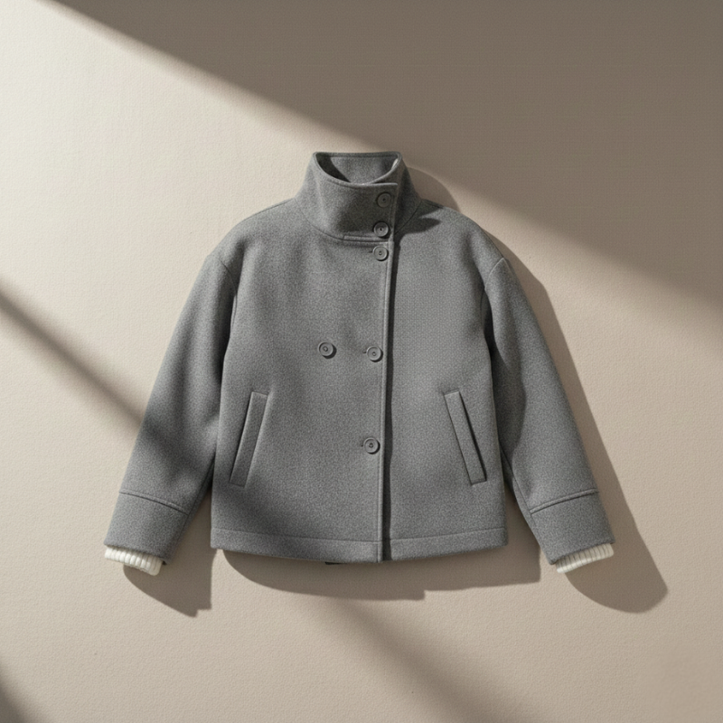 Graue Wolljacke mit breitem Kragen und Knopfleiste flach ausgelegt auf hellem Hintergrund, ergänzt durch Accessoires.