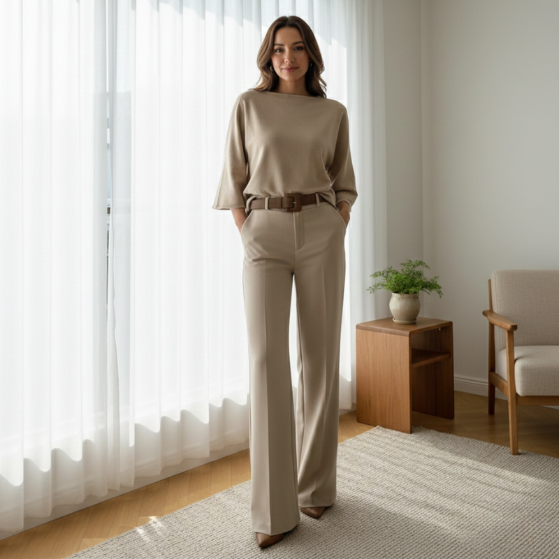 Woman wearing a beige knit long-sleeve top and matching wide-leg pants in soft natural indoor lighting.