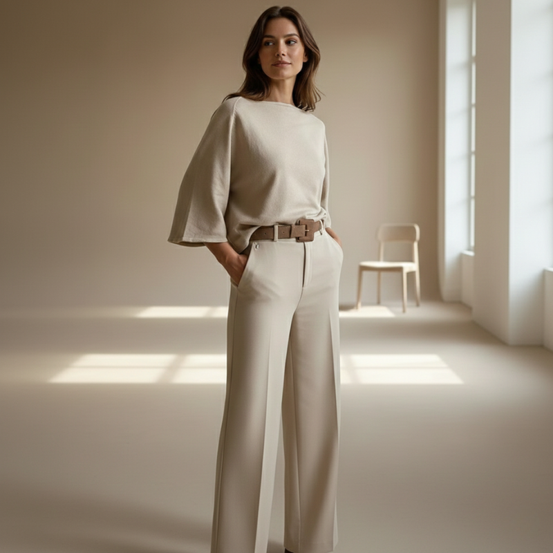 Female model in a beige two-piece matching set featuring a relaxed sweater and wide-leg trousers.