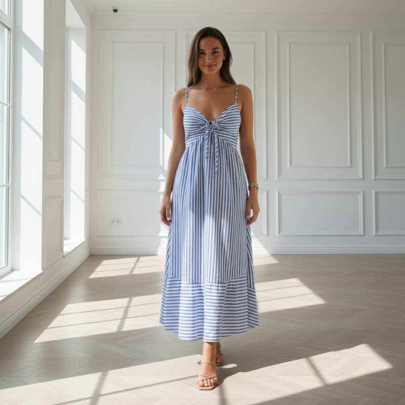 Woman walking indoors in a blue striped sundress with sunlight streaming through large windows.